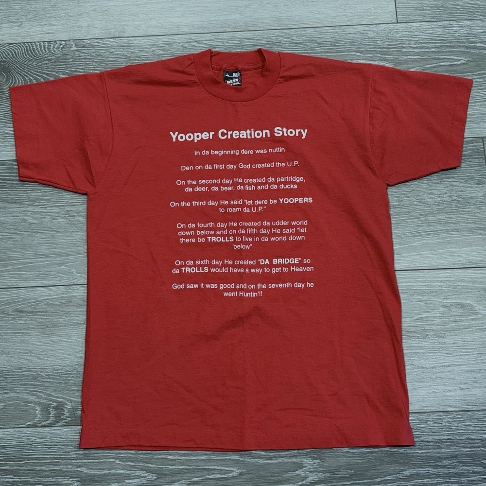 Vtg 90s Yooper Creation Story T-Shirt Red L Fruit of the Loom USA Single Stitch